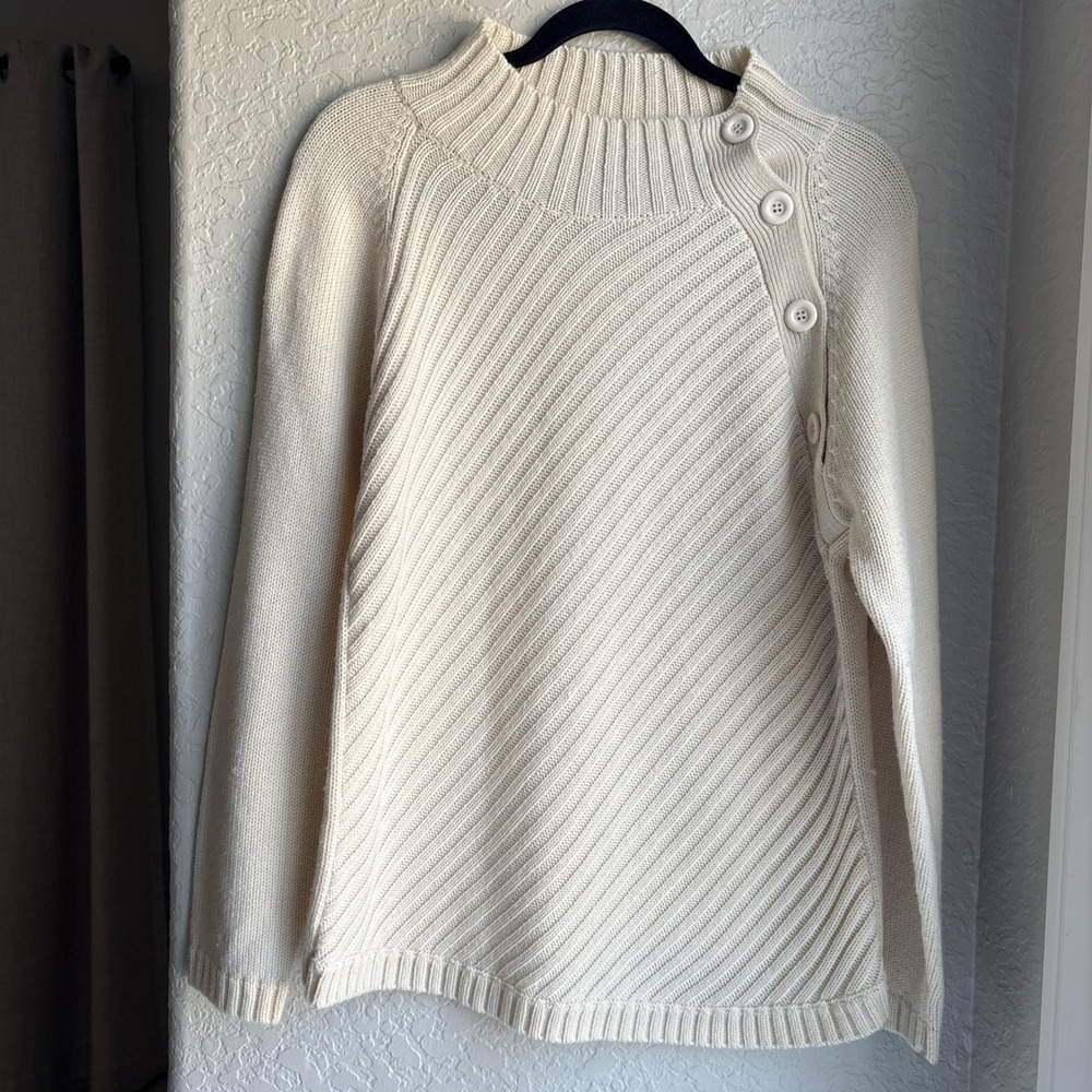 Womens Large Cream‎ Sweater Asymmetrical Button Mock Neck Diagonal Ribbed
